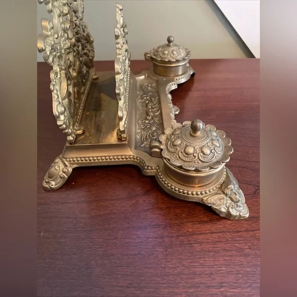 Vintage Solid Brass Cherub Letter Holder Inkwell Grand Decorative Desk Accessory - Picture 7 of 12